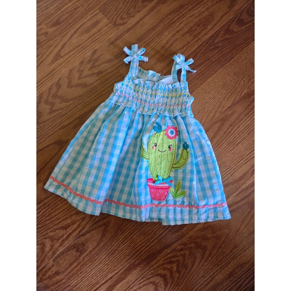 Nannette Baby Blue Gingham Cactus Embroidered Smocked Dress 3-6 Months